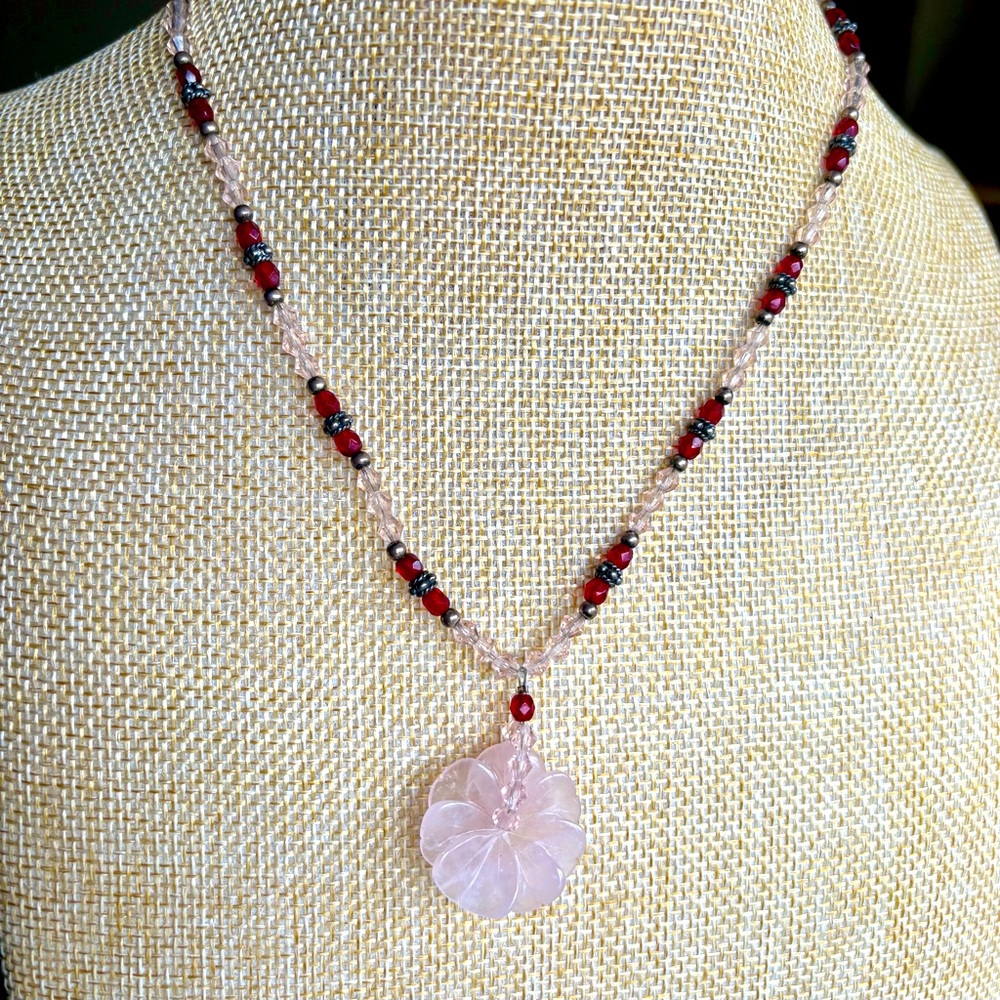 Rose Quartz‎ Flower Pendant Crystal Beaded Necklace 925 Sterling Silver